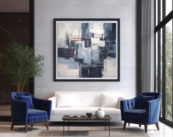 Stampa artistica astratta da parete: blu navy, ruggine e azzurro (download digitale)
