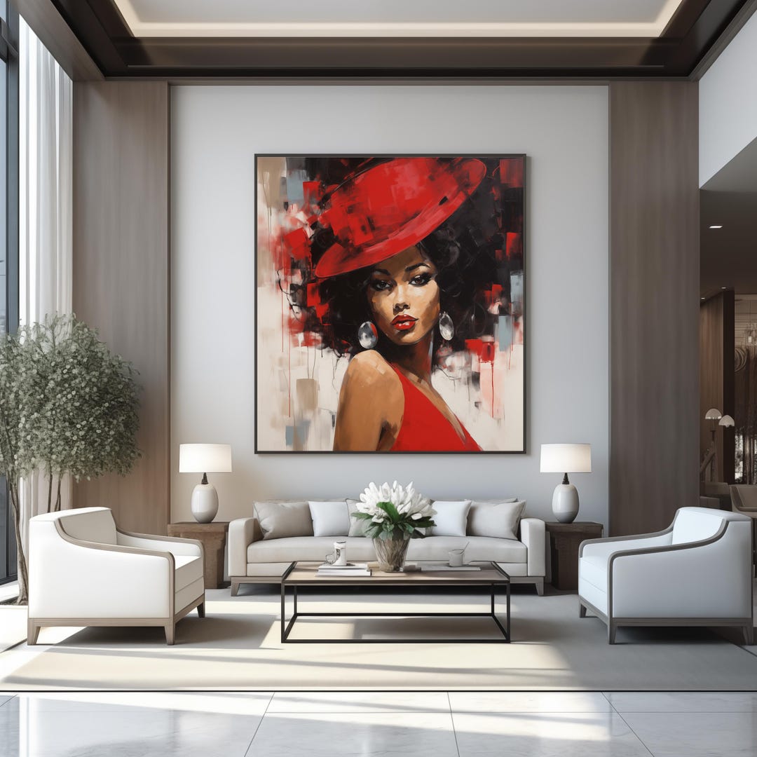 Modern Abstract Wall Art Print: Beautiful Black Woman in Red Painting ...