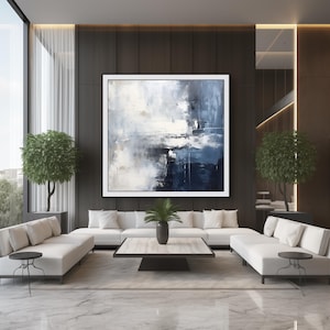 Pintura de parede abstrata moderna contemporânea azul marinho e branca, impressão digital para download para telas e pôsteres