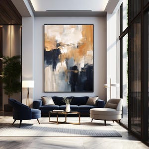 Pintura abstracta contemporánea moderna para pared en tonos camello, azul marino, beige y blanco, descarga de impresión digital para lienzos y carteles