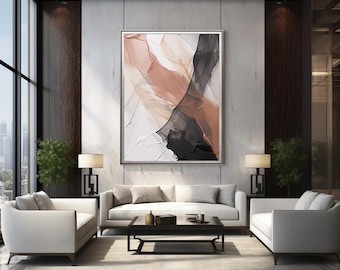 Modern Contemporary Abstract Digital Art Print: Rose Pink, Beige, Black & White
