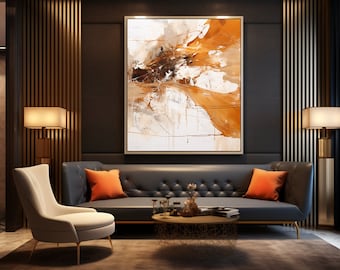 May include: A dark gray leather sofa with two orange throw pillows, a coffee table with a woven top, and a white armchair in a living room with a large abstract painting on the wall.