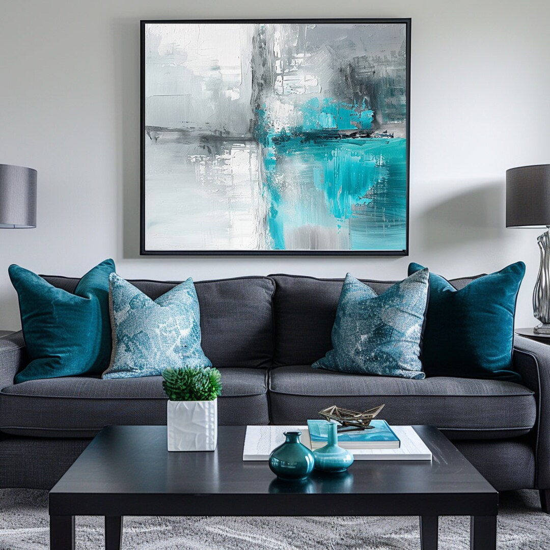 Aqua Blue and Gray Contemporary Abstract Wall Art Digital Download for Canvas Printing and Other ...