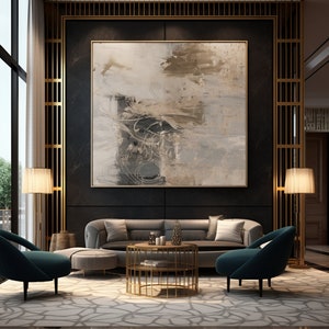 May include: A living room interior with a dark gray sofa, two teal armchairs, a gold metal coffee table, and a large abstract painting on the wall. The room has a modern and elegant design.