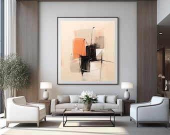 May include: A modern living room interior with two white armchairs, a white sofa, and a coffee table. A large abstract painting with black, orange, and beige shapes hangs on the wall.