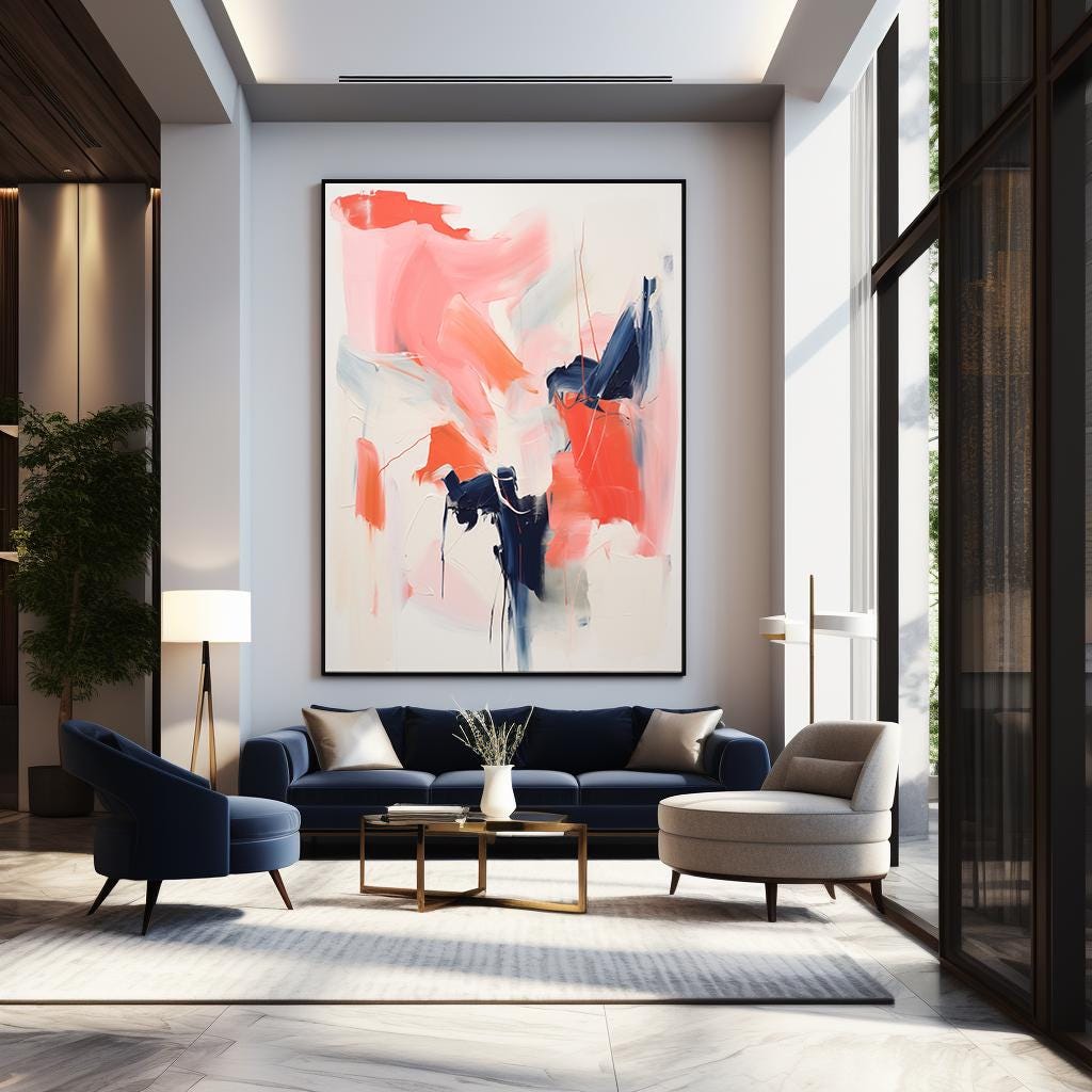 Coral Pink, Navy Blue, and White Modern Contemporary Abstract Wall Art Painting Digital Print Download for Canvases and Posters
