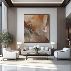 May include: A modern living room interior with a white sofa, two white armchairs, and a coffee table. A large abstract painting with brown, beige, and blue hues hangs on the wall.