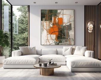 Forest Green, Orange, Gray and White Modern Abstract Art