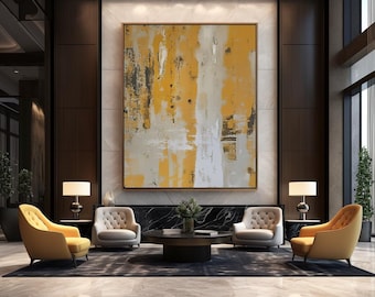 May include: A modern living room interior design with a large abstract painting in yellow, white, and gray tones hanging on the wall. The room features a black marble fireplace, a round coffee table, and four yellow and white armchairs.