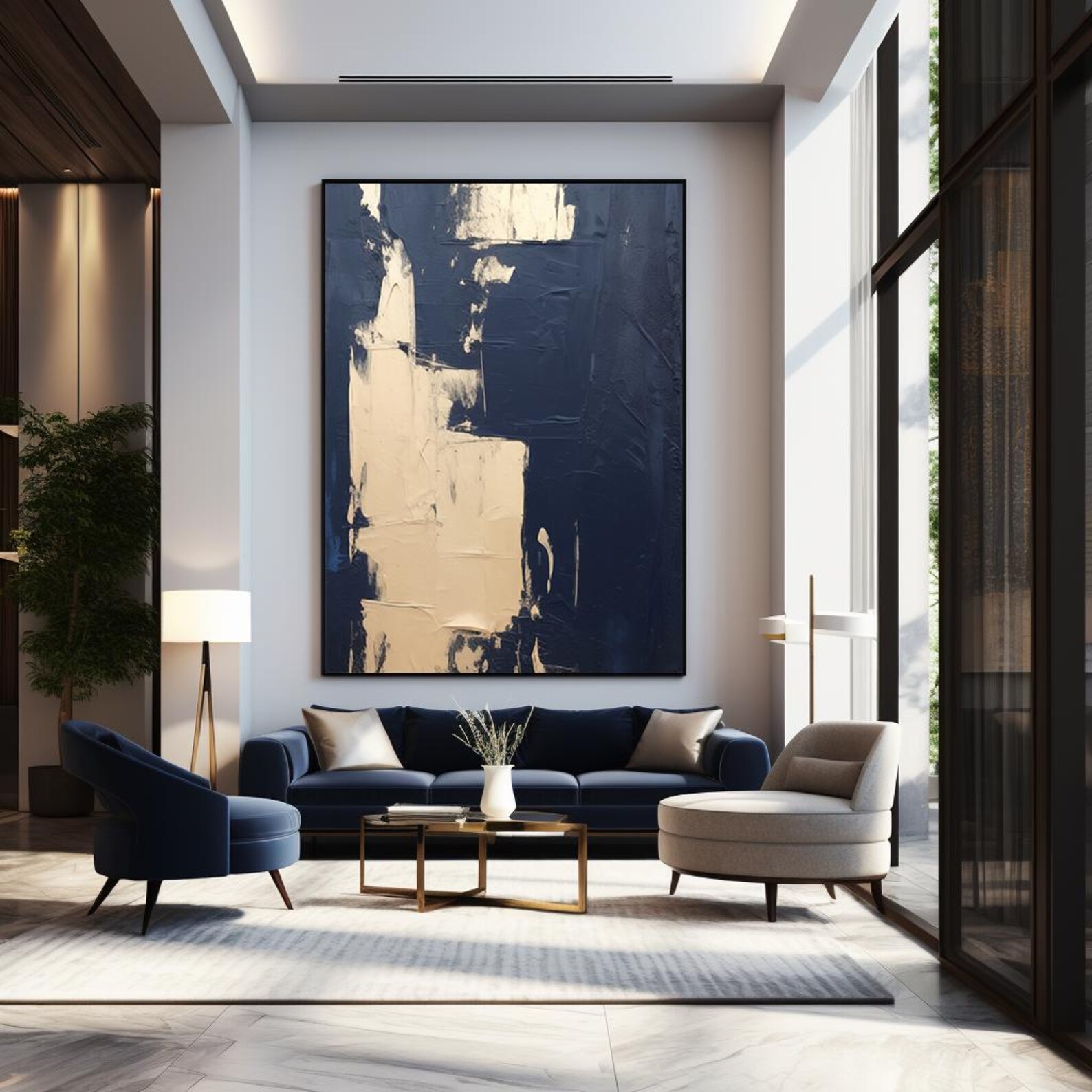 Navy Blue and Camel Tan Modern Contemporary Abstract Wall Art Painting