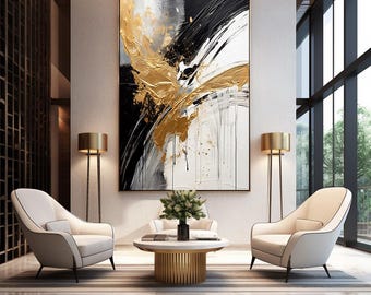 May include: Abstract painting in black, white, and gold with a modern, minimalist style. The painting is hanging on a wall in a living room with two white armchairs and a gold coffee table.