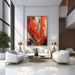 Pintura abstracta contemporánea moderna en rojo, negro, gris y tostado para pared, impresión digital, descarga para lienzos y carteles