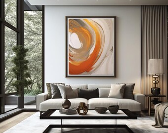May include: A white sofa with brown and beige throw pillows sits in a modern living room. A black coffee table with a glass top sits in front of the sofa. The coffee table has a few decorative items on it, including a brown vase, a gold metal sculpture, and two black bowls. A large abstract painting with orange, brown, and white swirls hangs on the wall behind the sofa.