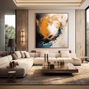 Pintura abstracta moderna y contemporánea para pared en tonos naranja, negro, beige y aguamarina, impresión digital, descargable para lienzos y carteles