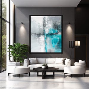 May include: A modern living room interior with a white sofa, two white armchairs, and a black coffee table. A large abstract painting with shades of grey and blue hangs on the wall.