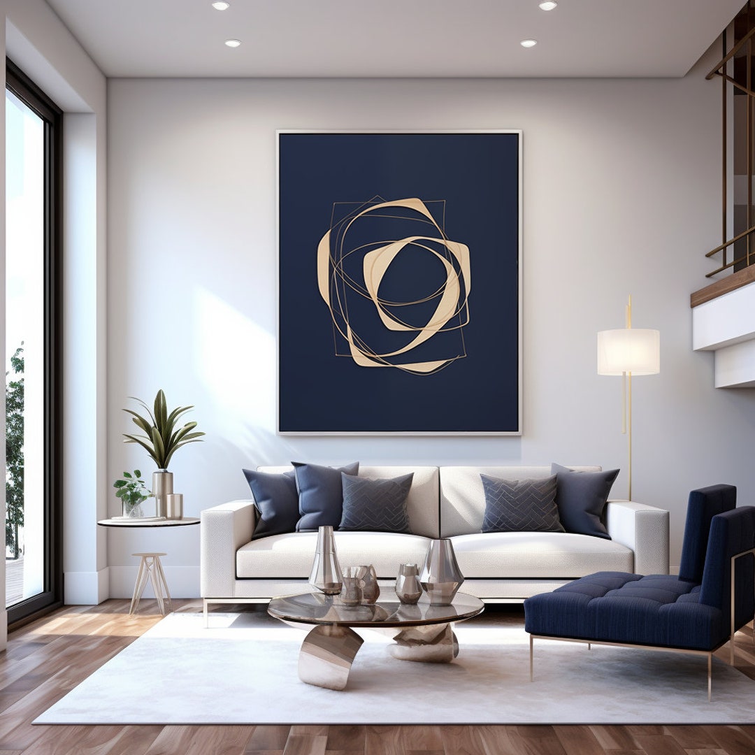 Midnight Navy Blue and Gold Modern Contemporary Abstract Wall Art