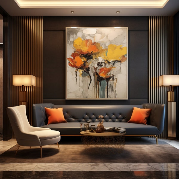 Arte mural floral abstracto: Impresión moderna en amarillo y naranja (descarga digital)