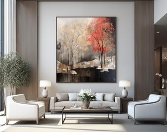 Coral & Gold Abstract Tree Print: Modern Wall Art (Digital Download)