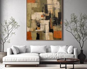Puede incluir: Obra de arte abstracta enmarcada en madera, con una mezcla de colores que incluye naranja, negro, blanco y verde oliva. La obra cuelga sobre un sofá seccional blanco con cojines a juego. Una mesa de centro redonda de madera y plantas decorativas completan la escena.