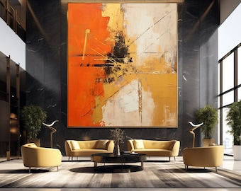 May include: Abstract painting with orange, yellow, and white colors on a canvas. The painting is hanging on a black wall in a modern living room with two yellow couches and a black coffee table.