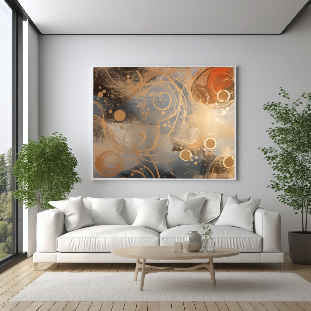 Stampa Su Tela Astratta – Quadro Moderno Blu, Arancione E Oro – 40x60 Cm, Incorniciato E Pronto Da Appendere, Decorazione Parete Soggiorno