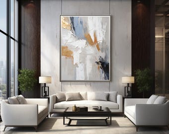 Modern Abstract Wall Art: Taupe, White, Navy Blue & Gold Painting (Digital Print Download)