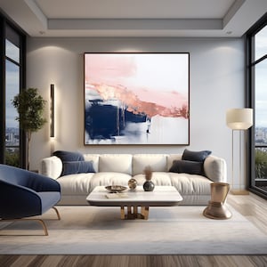 Pintura de parede abstrata contemporânea moderna em ouro rosa, rosa, marinho, azul e branco, impressão digital para download para telas e pôsteres