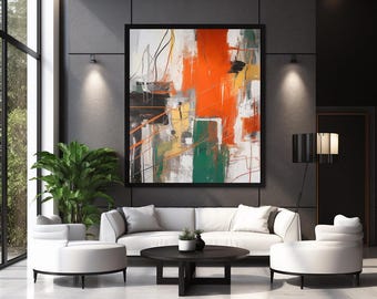 Modern Abstract Wall Art in Orange, Green, Black and Yellow - Printable Download