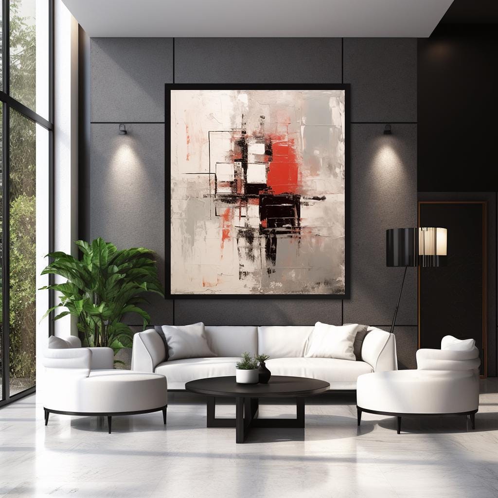 トープグレー、レッド、ブラック＆ホワイトのモダン抽象ウォールアート