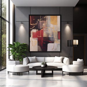 Könnte beinhalten: Ein weißes Sofa mit zwei weißen Sesseln und einem schwarzen Couchtisch in einem modernen Wohnzimmer. Ein großes abstraktes Gemälde mit roten, goldenen und weißen Akzenten hängt an der Wand.