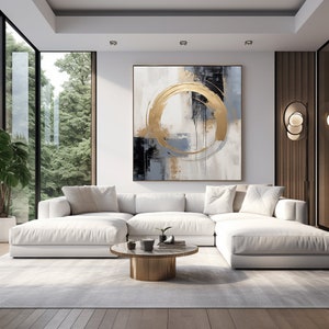 Moderne abstrakte Kunst in Gold, Schwarz, Weiß und Blau-Grau für Leinwand und Poster
