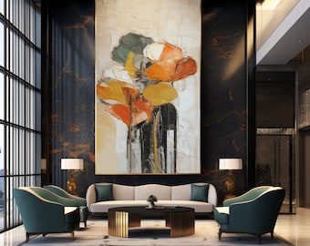 May include: A modern living room interior with two teal armchairs, a white sofa, and a coffee table with a gold metal base. A large abstract painting of colorful flowers hangs on the wall.