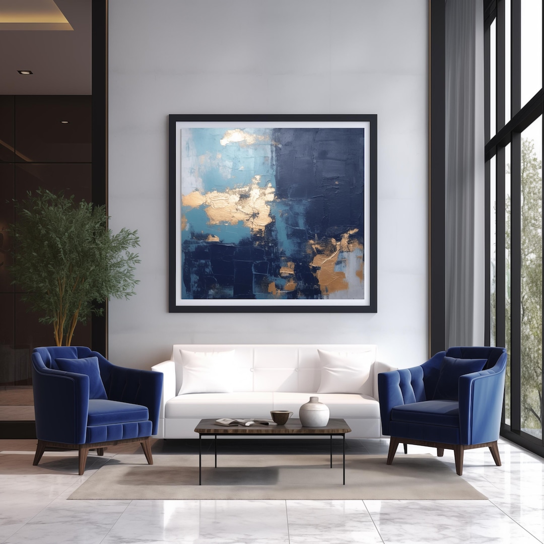 Modern Abstract Wall Art: Blue and Gold Painting (digital Print ...