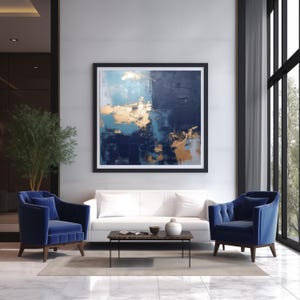 Pintura abstracta contemporánea moderna en azul y dorado para pared, impresión digital, descarga para lienzos y carteles