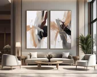 Modern Abstract Digital Art Print: Camel Tan, Gray, Black & Brown - Set of Two (2)