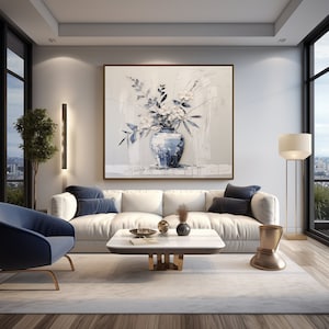 Jarrón azul con flores botánicas, arte de pared abstracto moderno y contemporáneo, pintura, impresión digital, descarga para lienzos y carteles