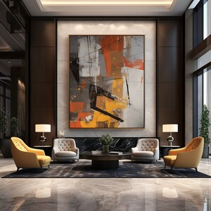 May include: A modern living room with dark wood panelling, a large abstract painting in orange, yellow, and black, and four chairs arranged around a round coffee table.