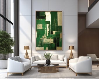 May include: Abstract painting with geometric shapes in shades of green and gold. The painting is hanging on a white wall in a modern living room with white furniture and a coffee table.