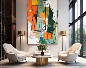 Modern Abstract Wall Art in Green, Orange, and Black