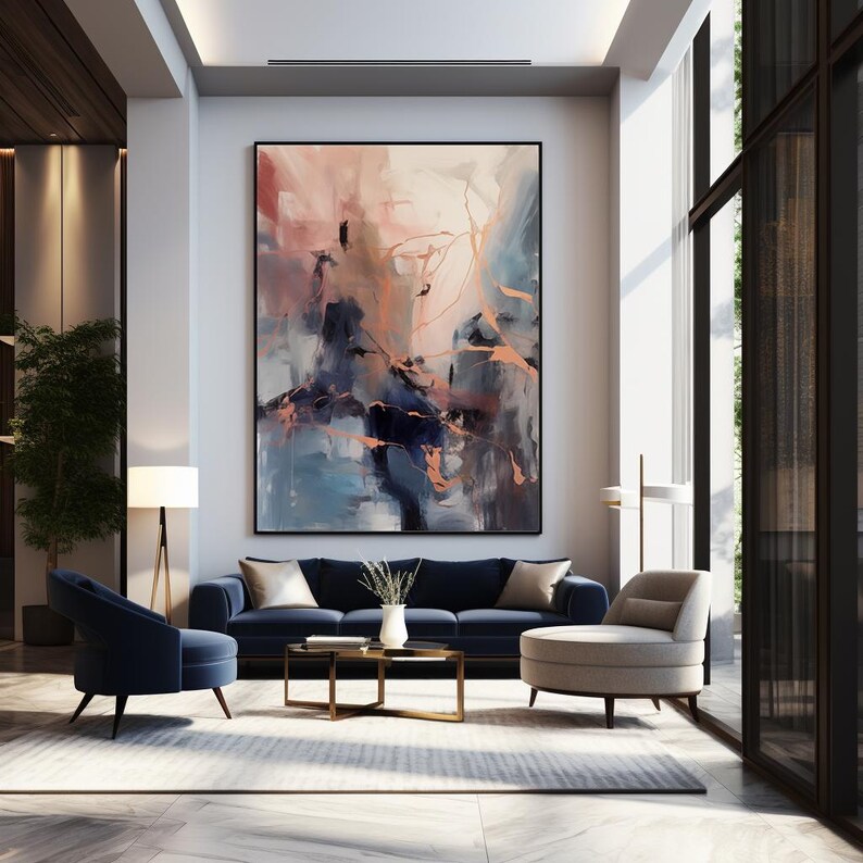 Navy Blue and Coral Pink Modern Contemporary Abstract Wall Art Painting ...