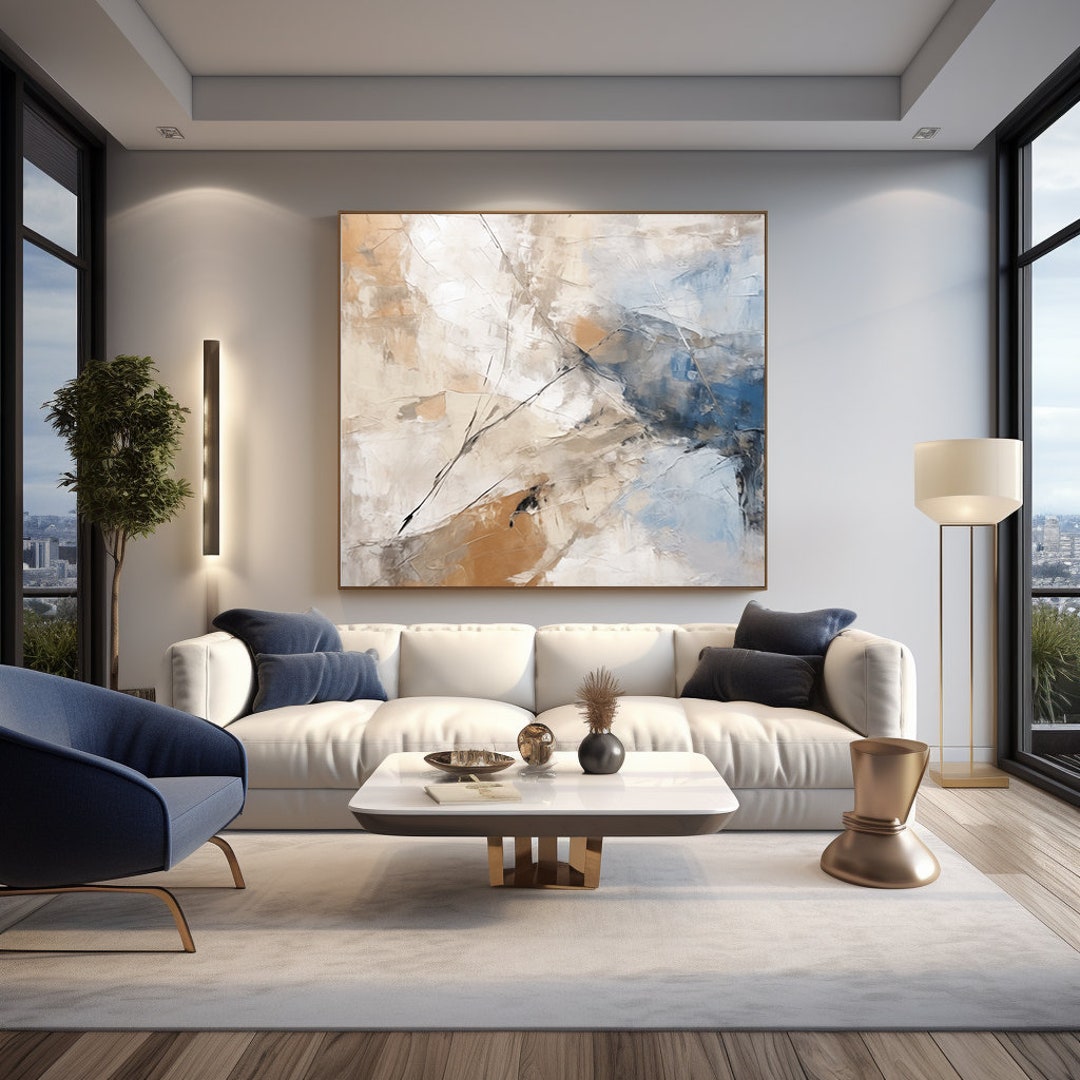 Blue and Beige Modern Contemporary Abstract Wall Art Painting Digital ...