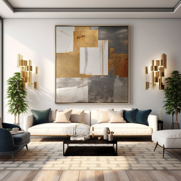 Gold, Gray, and White Modern Contemporary Abstract Wall Art Painting - Digital Print Download for Canvases and Posters