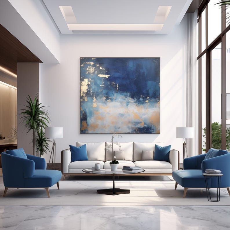 Blue, White & Gold Abstract Art: Modern Wall Painting (digital Download ...