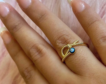 18k gold plated evil eye ring | protection ring | luck ring | adjustable ring | blue eye cross ring | statement ring | noose ring