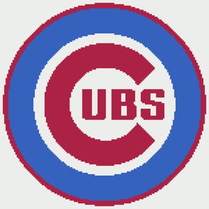 May include: A pixelated graphic of the Chicago Cubs logo. The logo features a circular design with a blue outer ring and a red inner ring. The word "CUBS" is in red block letters inside the inner ring. The background is white with red and blue stripes.