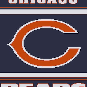 May include: A navy blue graphic with the word "CHICAGO" in white block letters at the top and "BEARS" at the bottom. A large orange "C" with a white outline is in the center. The design has a pixelated appearance.