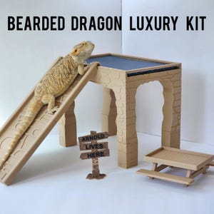 May include: A beige bearded dragon climbs a slide leading to a beige structure with a dark blue top. A small picnic table and a sign that reads "ARNOLD LIVES HERE" are also present. The text "BEARDED DRAGON LUXURY KIT" is at the top.