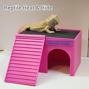May include: A pink reptile heat and hide enclosure with a ramp and a small cave. A bearded dragon lizard rests on top of the black surface. The text "Arnold's home" is on the front of the enclosure.