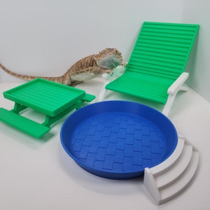 Bearded Dragon Beach Bundle Pack | Bearded dragon Beach Chair, Picnic Table Dish, and Pool Bath spot!