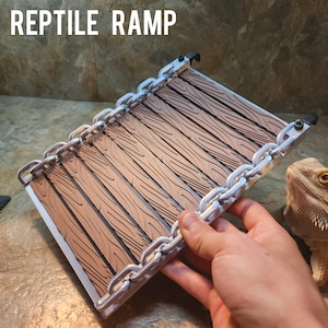May include: A reptile ramp with the text "REPTILE RAMP". The ramp features a wooden plank design with a white border and a chain-like structure. The ramp is designed for reptiles.